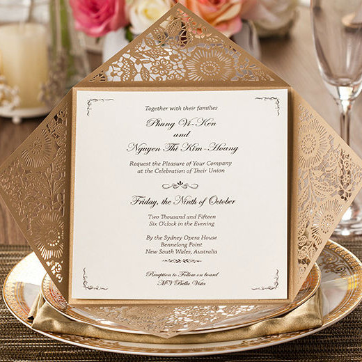 Convite de Casamento Lindo Floral ouro cortado laser Revenda WPL0014  Clique na imagem para fechar